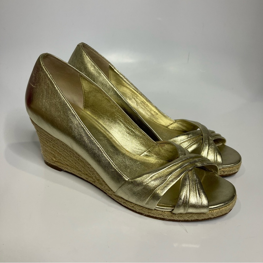 Cole Haan gold leather wedge espadrilles women’s size 8.5 dressy party metallic